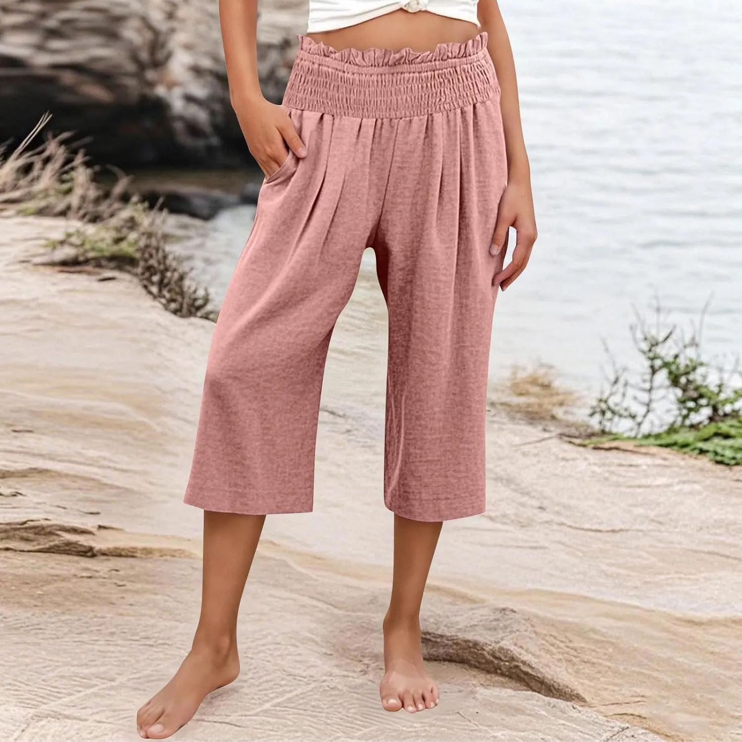 Capri Pants for Women Lightweight Summer High Waisted Wide Leg Palazzo Trousers with Pockets Travel Vacation Outfits