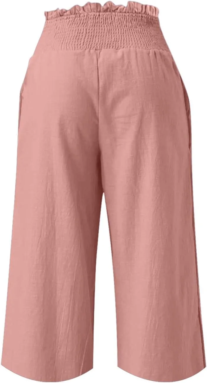 Capri Pants for Women Lightweight Summer High Waisted Wide Leg Palazzo Trousers with Pockets Travel Vacation Outfits