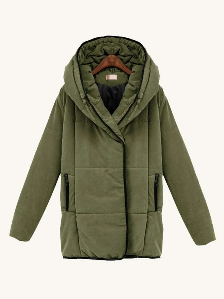 Casual Women Solid Color Zipper Hooded Cotton Coats