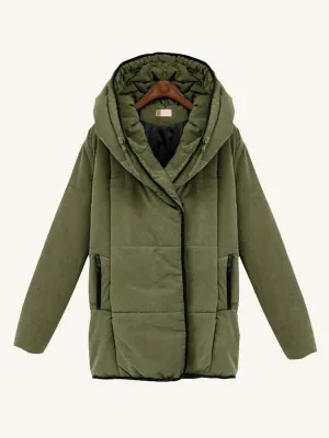 Casual Women Solid Color Zipper Hooded Cotton Coats