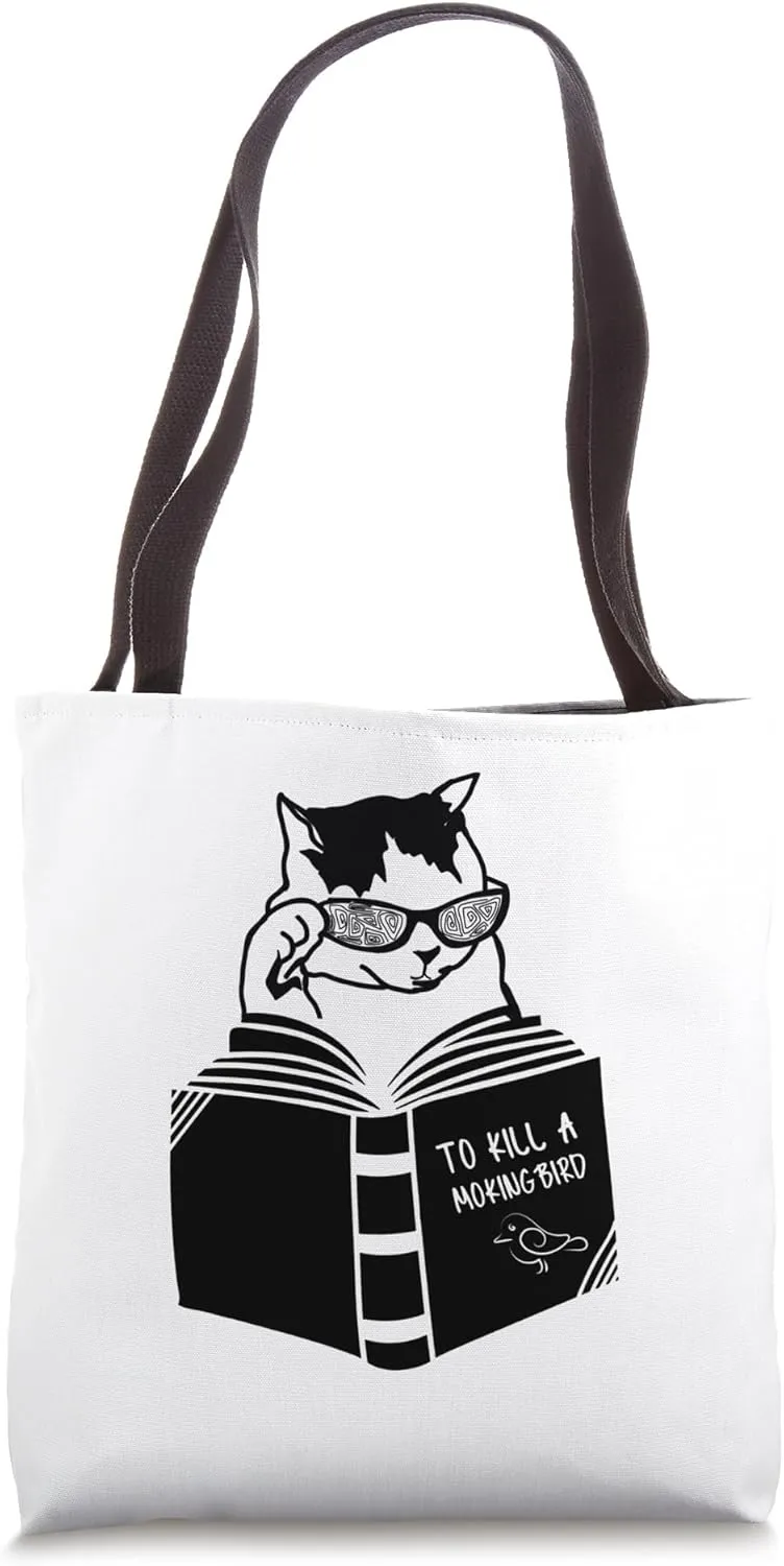 Cat reading to kill a mockingbird funny Tote Bag
