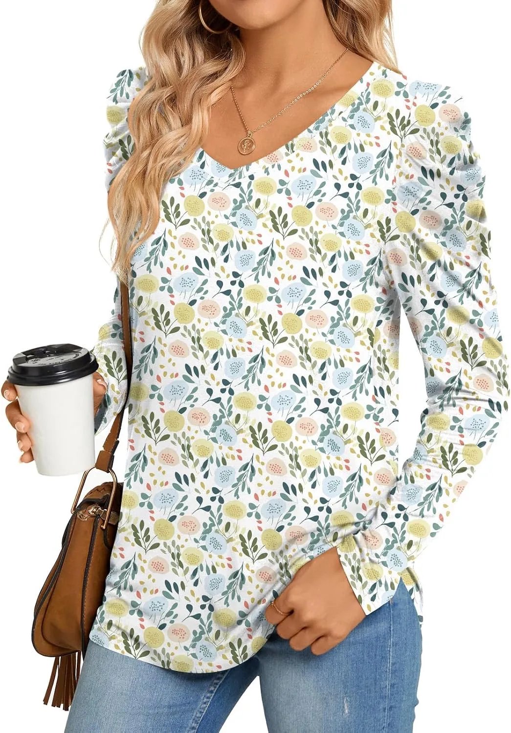 CATHY Women's Long Puff Sleeve V Neck Tunic Tops Casual Tshirt Basic Blouse Loose Tee For Legging