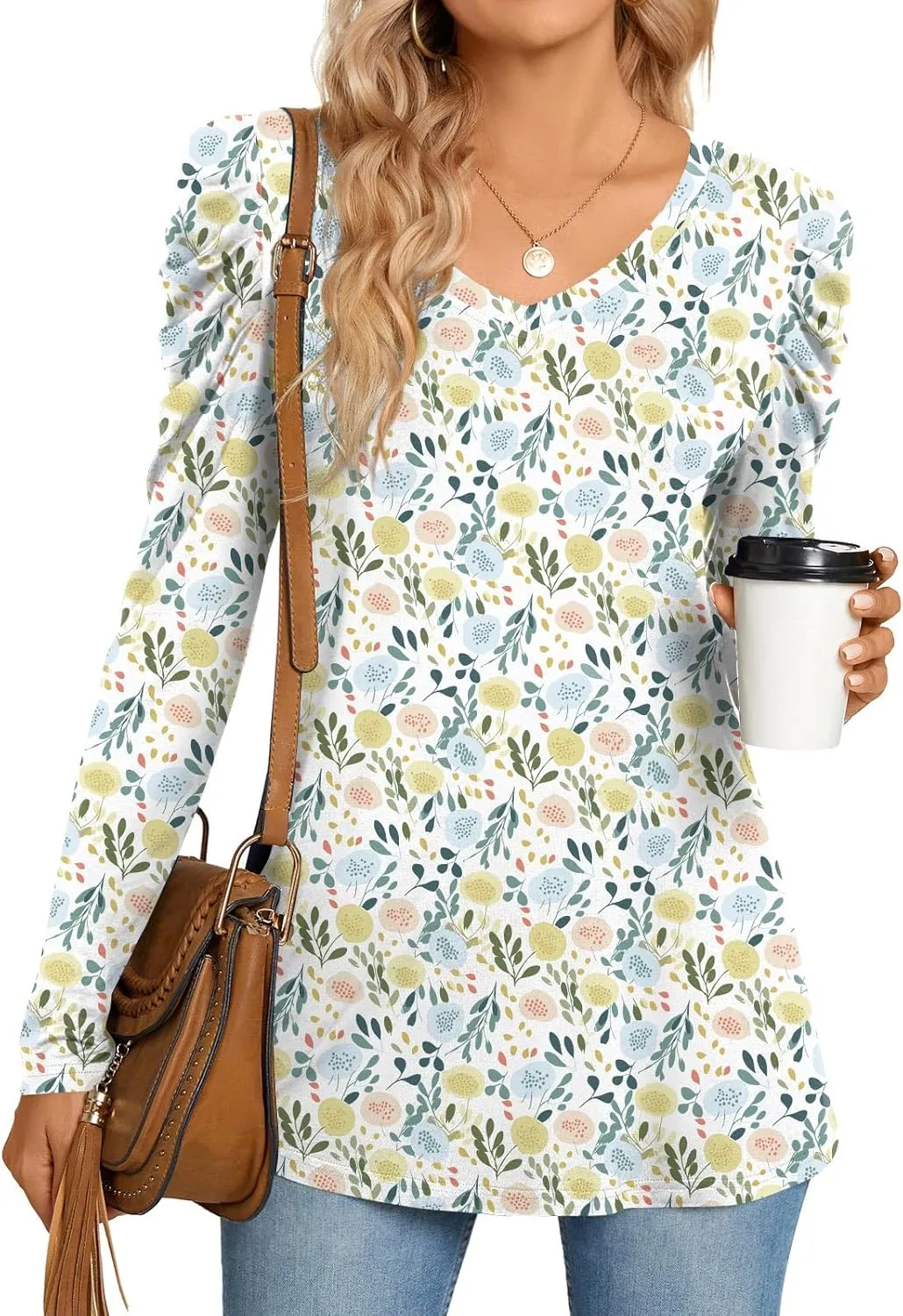 CATHY Women's Long Puff Sleeve V Neck Tunic Tops Casual Tshirt Basic Blouse Loose Tee For Legging