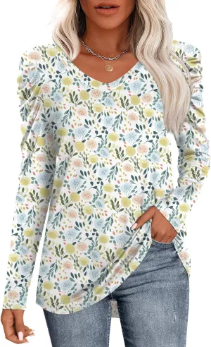 CATHY Women's Long Puff Sleeve V Neck Tunic Tops Casual Tshirt Basic Blouse Loose Tee For Legging