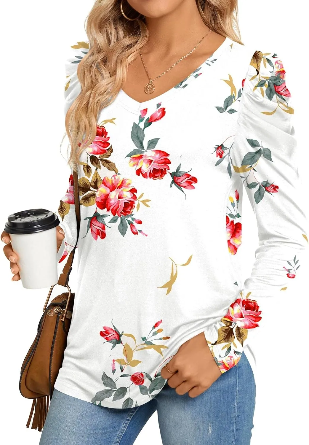 CATHY Women's Long Puff Sleeve V Neck Tunic Tops Casual Tshirt Basic Blouse Loose Tee For Legging