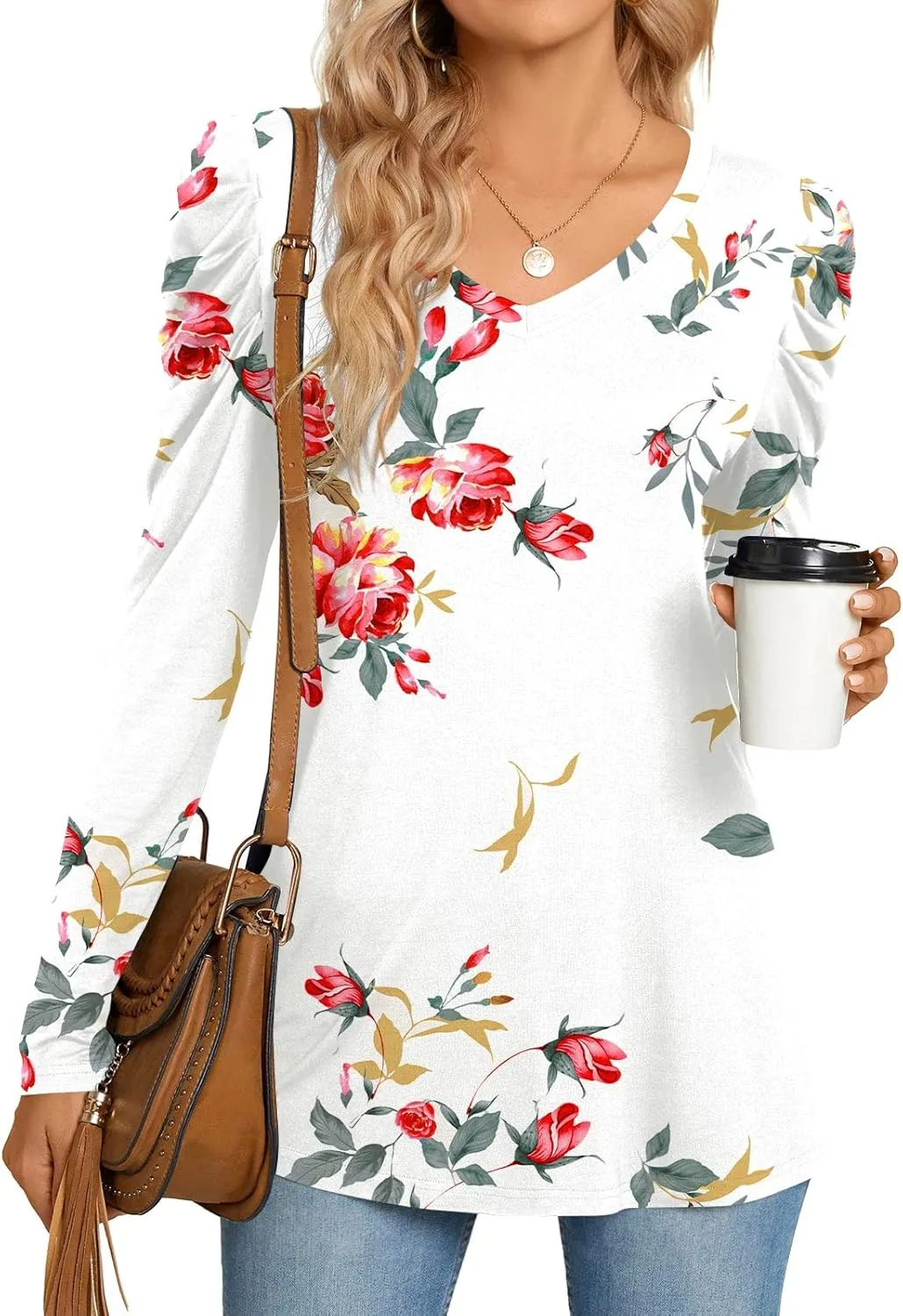 CATHY Women's Long Puff Sleeve V Neck Tunic Tops Casual Tshirt Basic Blouse Loose Tee For Legging
