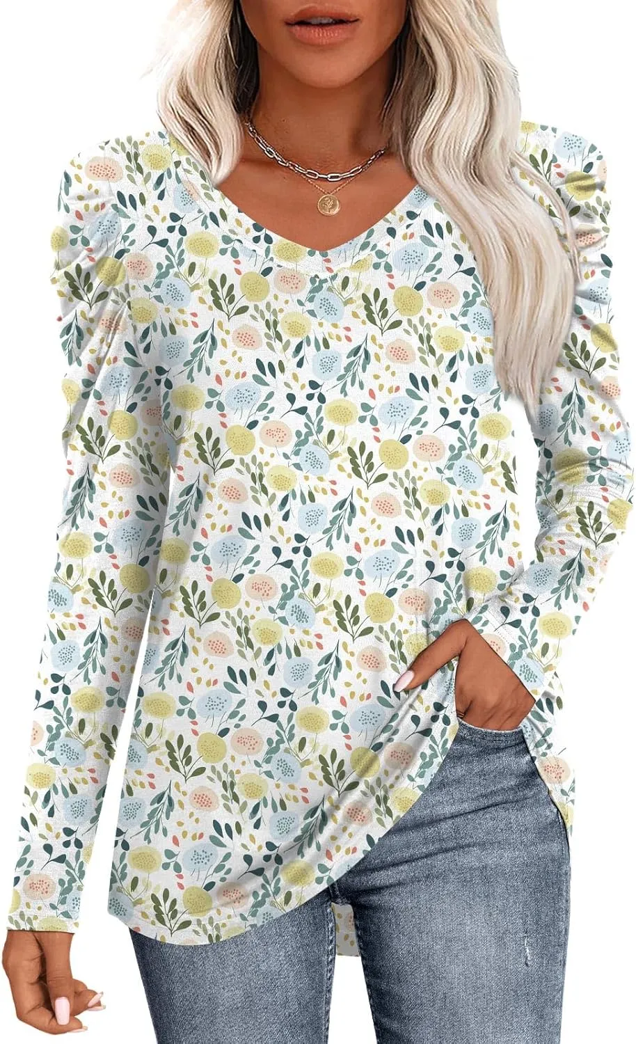 CATHY Women's Long Puff Sleeve V Neck Tunic Tops Casual Tshirt Basic Blouse Loose Tee For Legging
