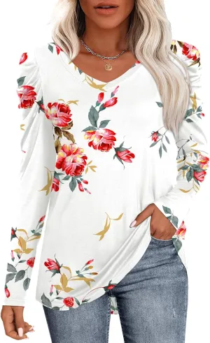 CATHY Women's Long Puff Sleeve V Neck Tunic Tops Casual Tshirt Basic Blouse Loose Tee For Legging