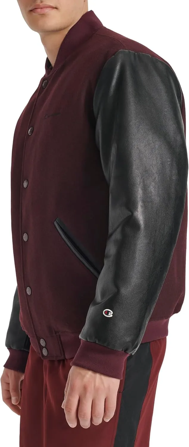 Champion Men's Letterman Varsity Bomber Jacket with Faux Leather Sleeves