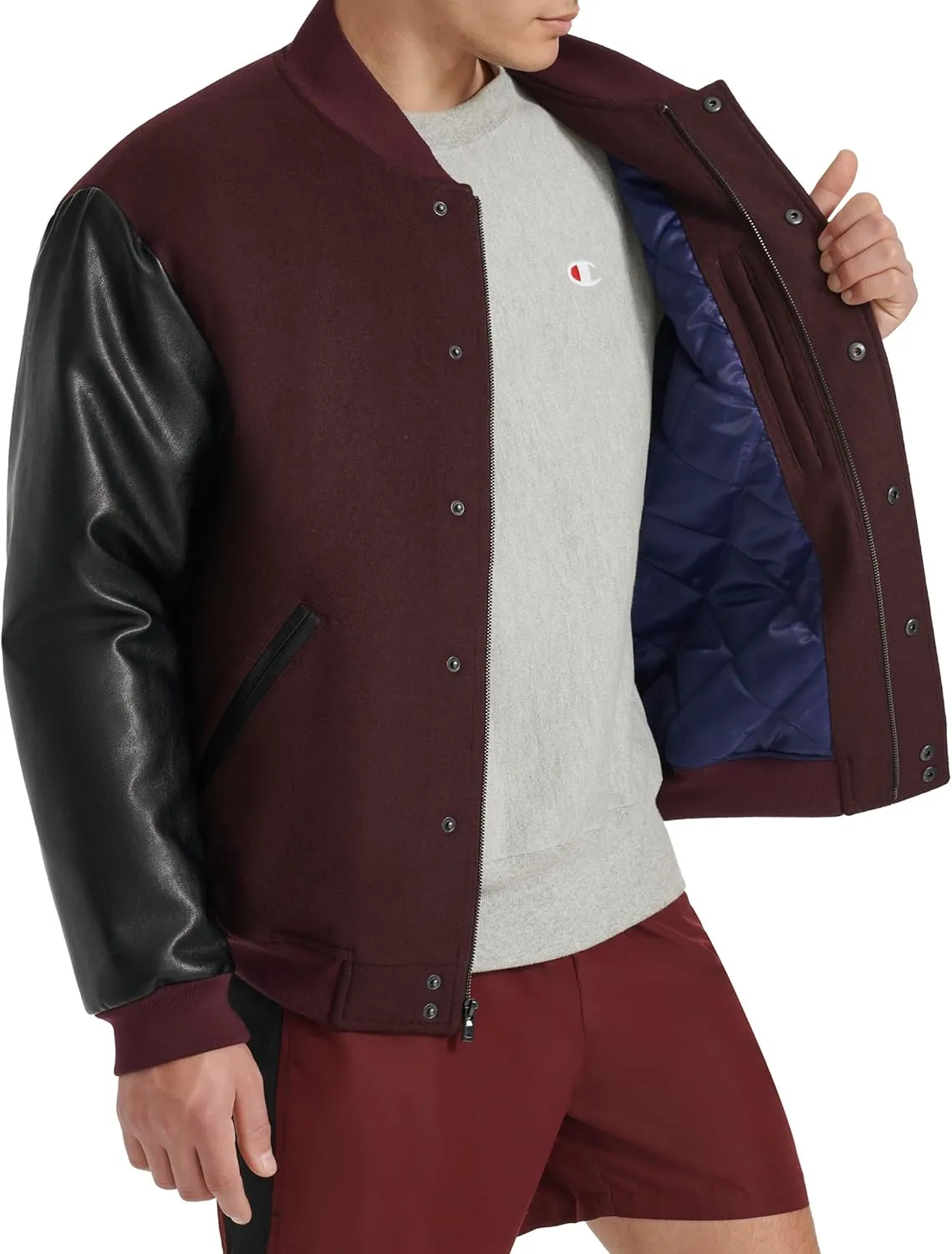 Champion Men's Letterman Varsity Bomber Jacket with Faux Leather Sleeves