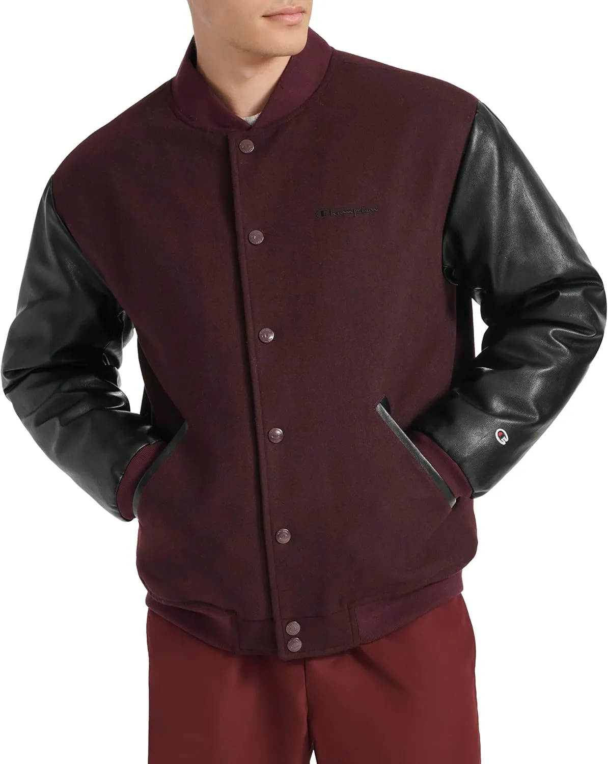 Champion Men's Letterman Varsity Bomber Jacket with Faux Leather Sleeves