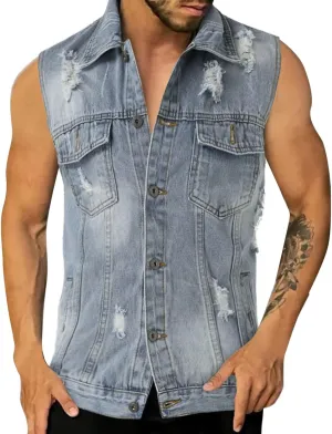 Chaqueta Denim Vest Para Hombre Slim Fit Button Down Sleeveless Shirts for Men Retro Distressed Destroyed Jeans Jacket