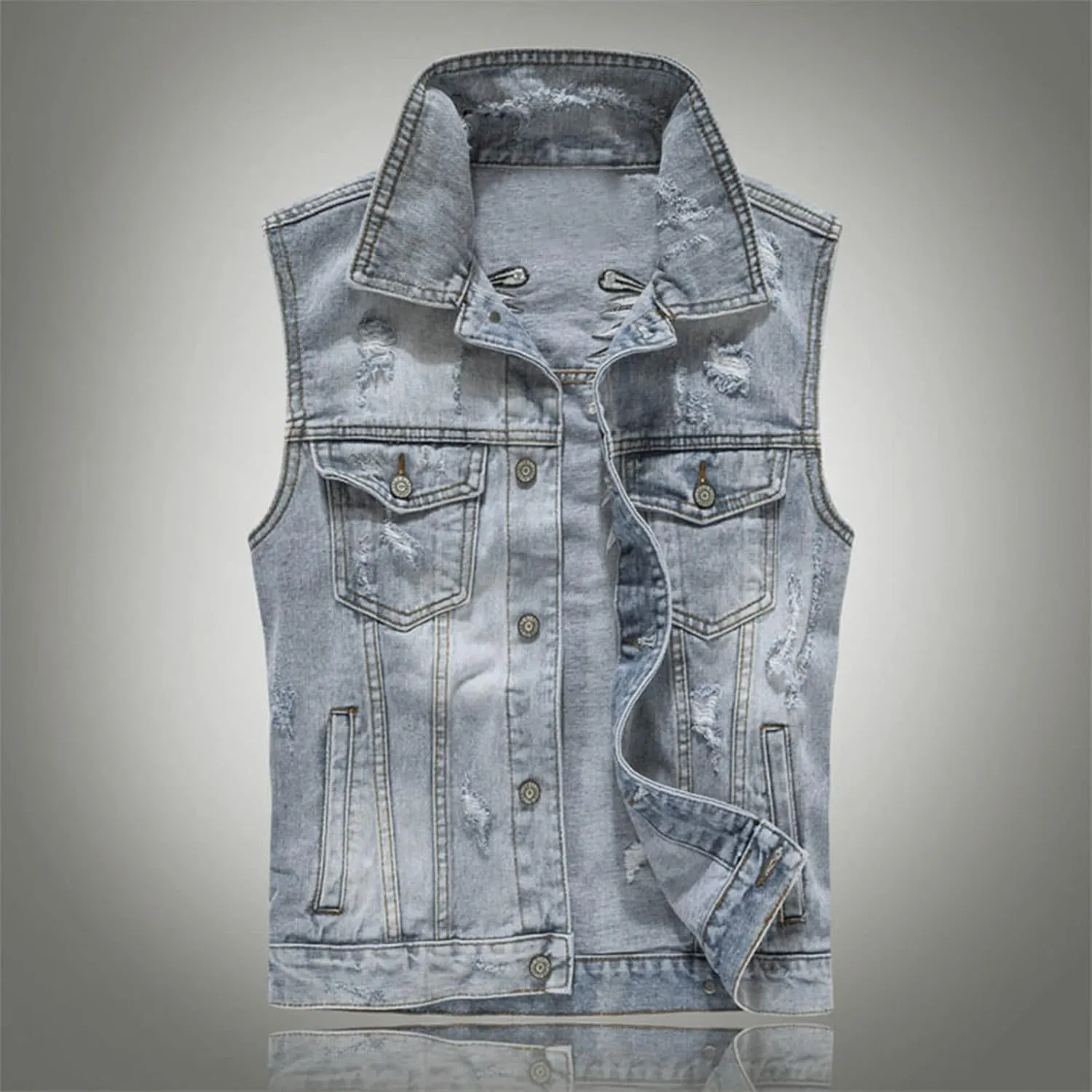 Chaqueta Denim Vest Para Hombre Slim Fit Button Down Sleeveless Shirts for Men Retro Distressed Destroyed Jeans Jacket