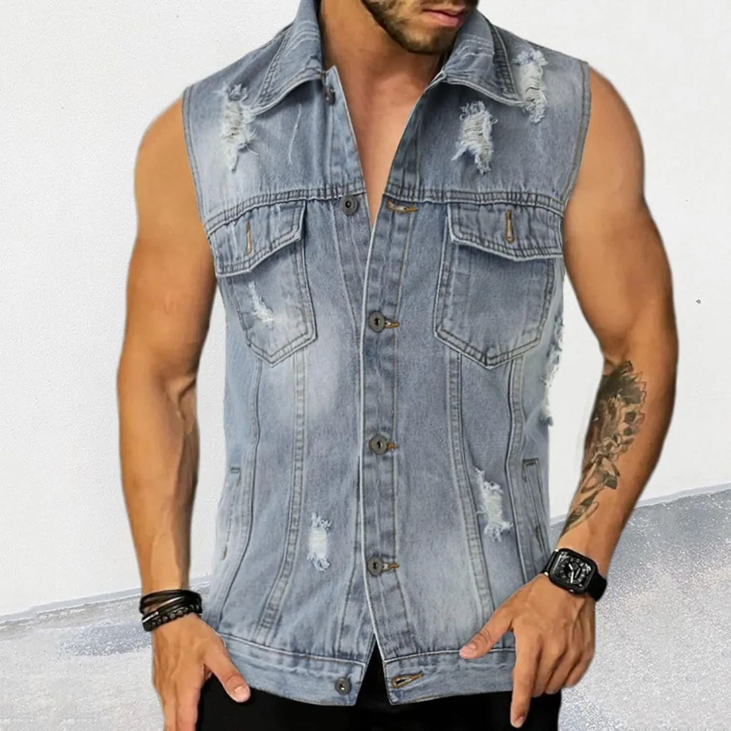 Chaqueta Denim Vest Para Hombre Slim Fit Button Down Sleeveless Shirts for Men Retro Distressed Destroyed Jeans Jacket