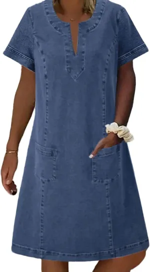 CHARTOU Women Denim Dress Short Sleeve Mini Jean Dress Jumper Babydoll Summer Shift Dress