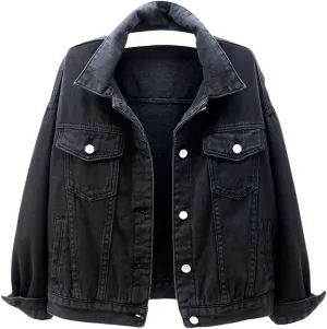 CHARTOU Women's Cute Loose Fit Button Down Long Sleeve Pockets Short Denim Jean Jacket