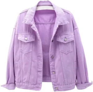 CHARTOU Women's Cute Loose Fit Button Down Long Sleeve Pockets Short Denim Jean Jacket
