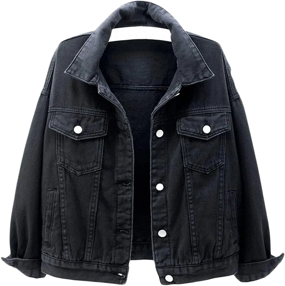 CHARTOU Women's Cute Loose Fit Button Down Long Sleeve Pockets Short Denim Jean Jacket