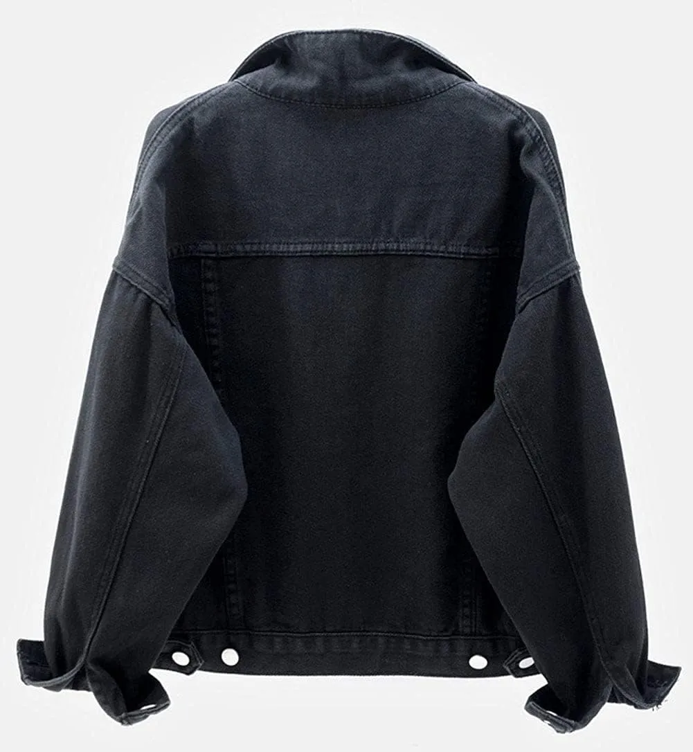 CHARTOU Women's Cute Loose Fit Button Down Long Sleeve Pockets Short Denim Jean Jacket