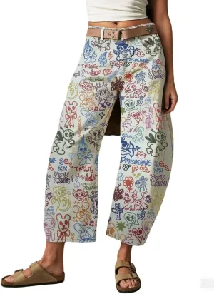 CHARTOU Womens Wide Leg Cropped Jeans Pants Baggy High Rise Denim Pants Y2k Graffiti Barrel Jeans