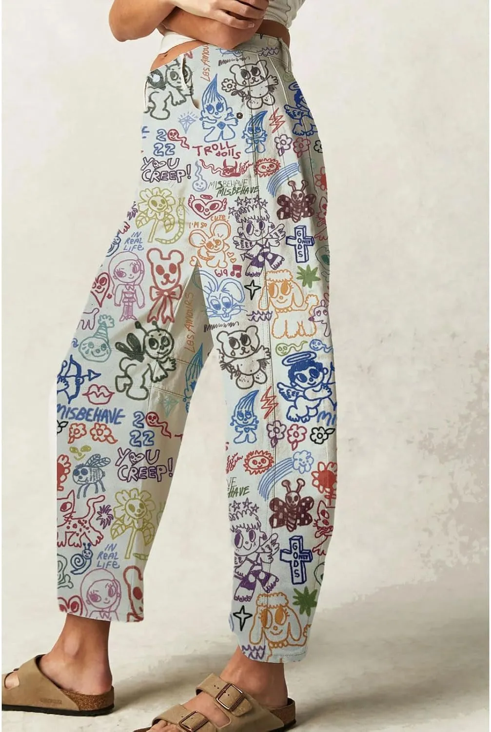 CHARTOU Womens Wide Leg Cropped Jeans Pants Baggy High Rise Denim Pants Y2k Graffiti Barrel Jeans