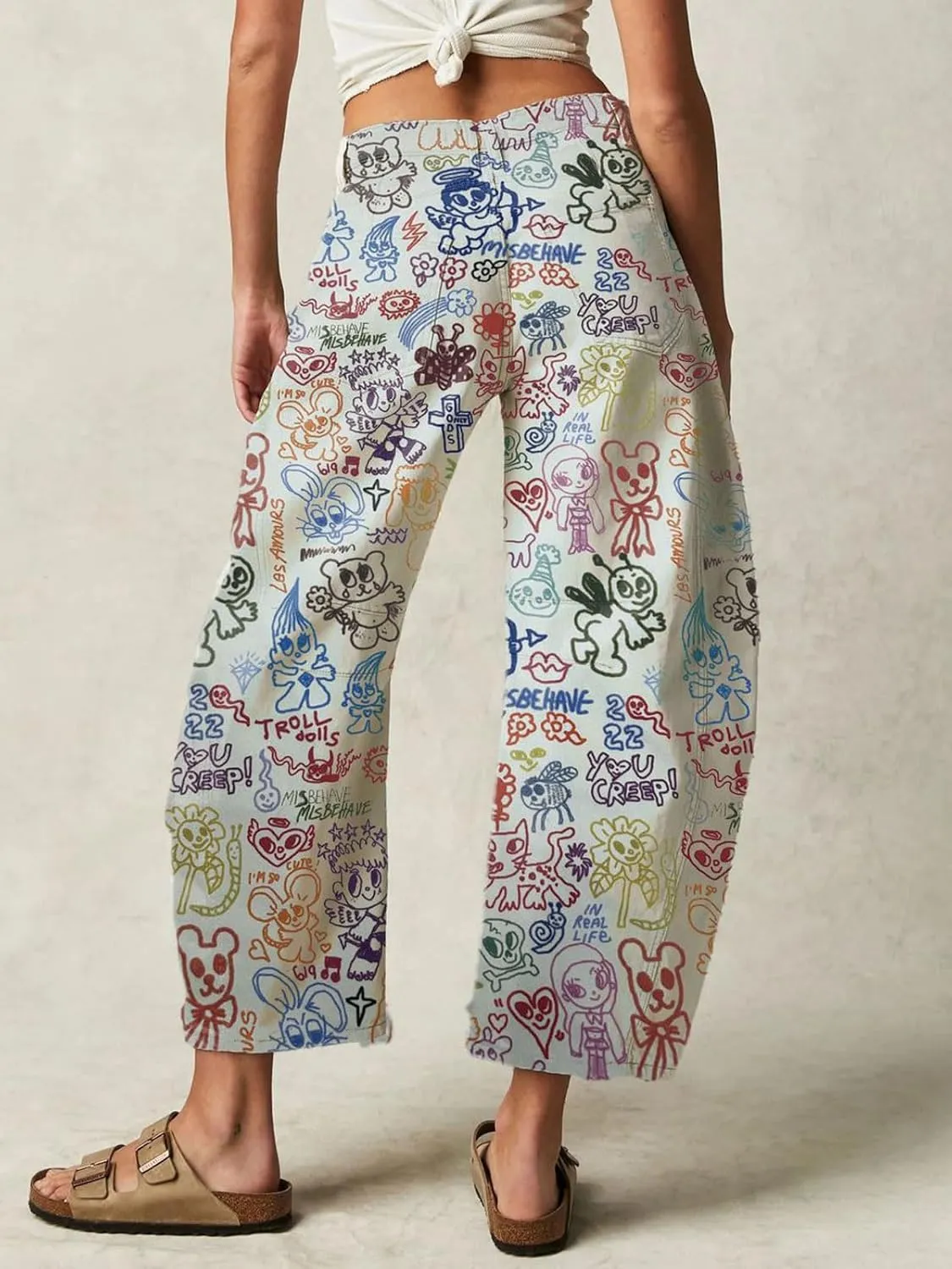 CHARTOU Womens Wide Leg Cropped Jeans Pants Baggy High Rise Denim Pants Y2k Graffiti Barrel Jeans