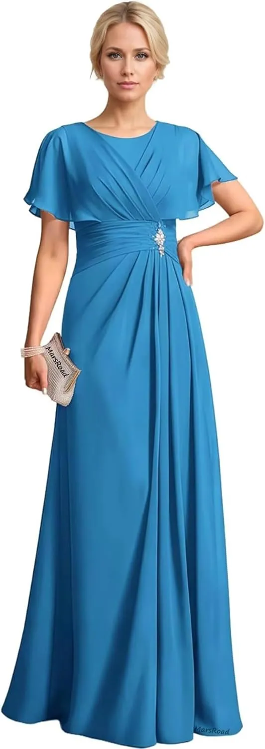 Chiffon Beading Mother of The Bride Dresses for Women 2025 Long Scoop Neck Formal Dress with Sleeves