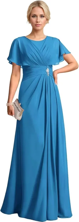 Chiffon Beading Mother of The Bride Dresses for Women 2025 Long Scoop Neck Formal Dress with Sleeves