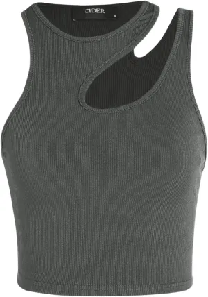 CIDER Women's Cut Out Tops Asymmetrical Neck Sleeveless Crop Tank Tops Slim Fitted Ribbed Tee Trendy Y2K Outfits
