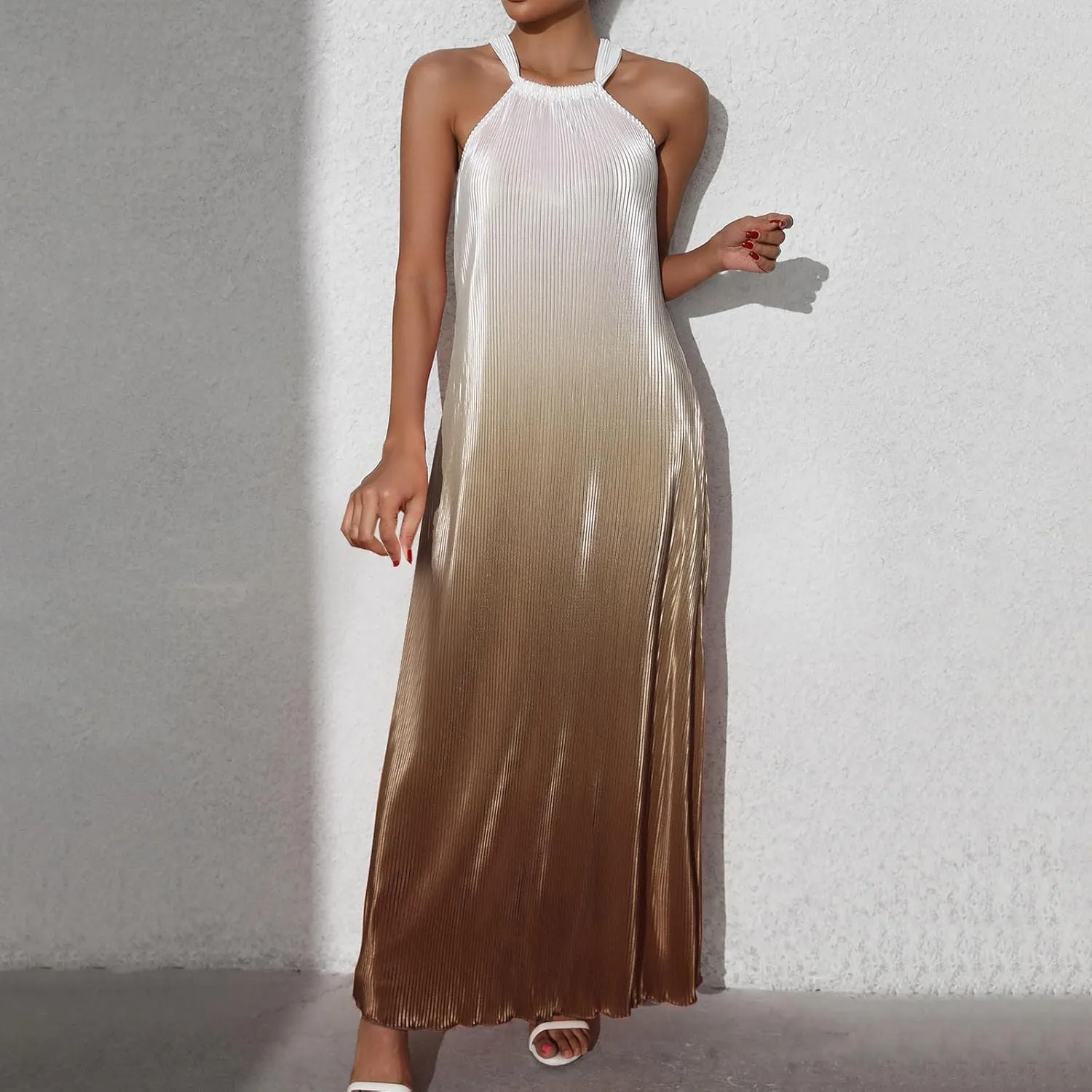 Cocktail Dresses for Women Tweed Gradient Flowy Maxi Tank Dress Sleeveless Off Shoulder Party Wedding Guest Dresses