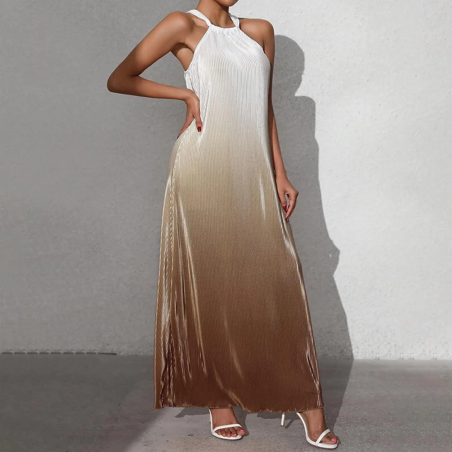 Cocktail Dresses for Women Tweed Gradient Flowy Maxi Tank Dress Sleeveless Off Shoulder Party Wedding Guest Dresses