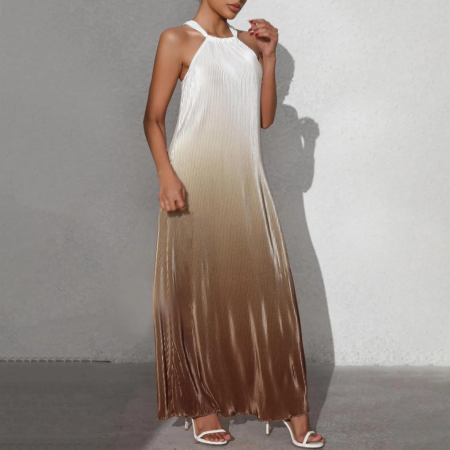 Cocktail Dresses for Women Tweed Gradient Flowy Maxi Tank Dress Sleeveless Off Shoulder Party Wedding Guest Dresses