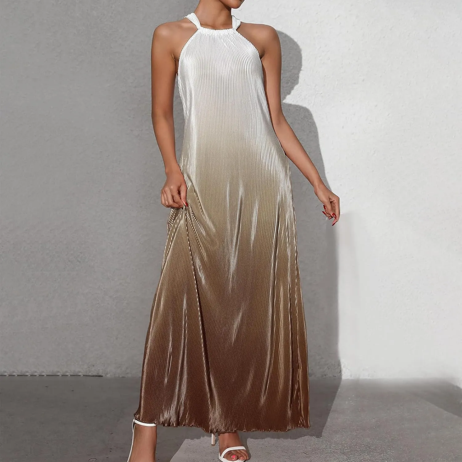 Cocktail Dresses for Women Tweed Gradient Flowy Maxi Tank Dress Sleeveless Off Shoulder Party Wedding Guest Dresses