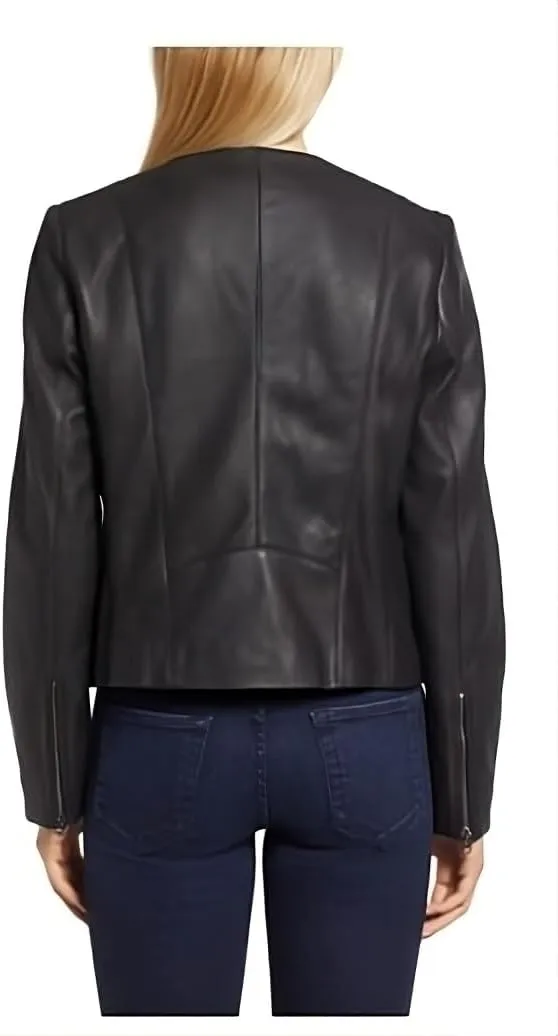 Cole Haan Women's Fully Lined Wing Collar Leather Coat