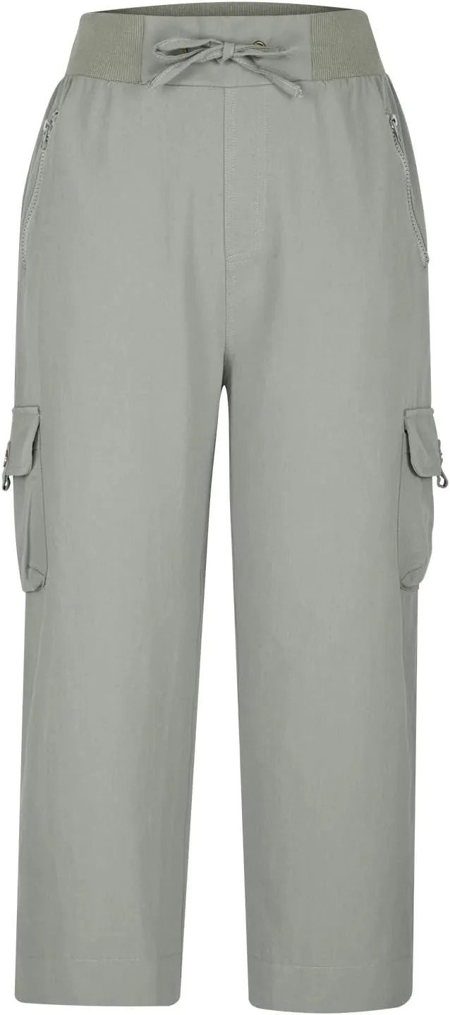 Cotton Capri Pants for Women High Waist Knee Length Cargo Pants Lightweight Trousers Summer Casual Cropped Pants