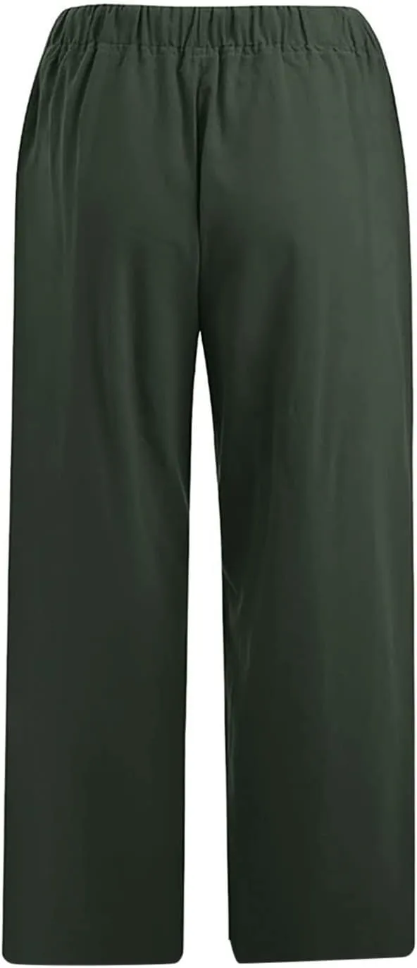 Cotton Linen Pants for Women 2025 Wide Leg Cropped Pant Drawstring Elastic Waist Lounge Trousers Summer Beach Outfits