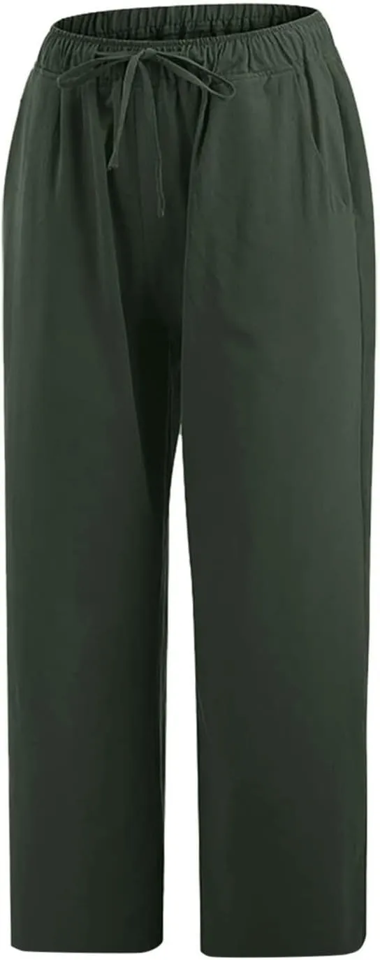 Cotton Linen Pants for Women 2025 Wide Leg Cropped Pant Drawstring Elastic Waist Lounge Trousers Summer Beach Outfits