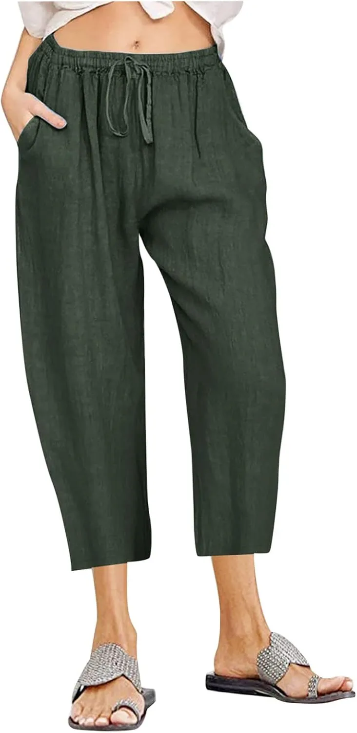 Cotton Linen Pants for Women 2025 Wide Leg Cropped Pant Drawstring Elastic Waist Lounge Trousers Summer Beach Outfits