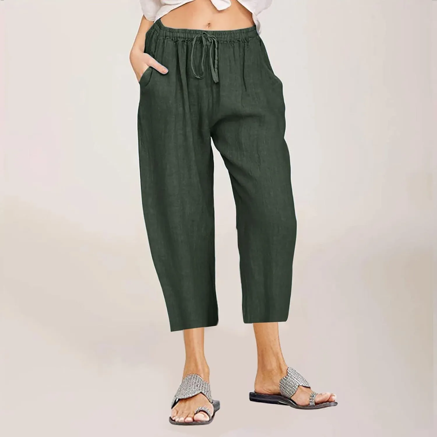 Cotton Linen Pants for Women 2025 Wide Leg Cropped Pant Drawstring Elastic Waist Lounge Trousers Summer Beach Outfits