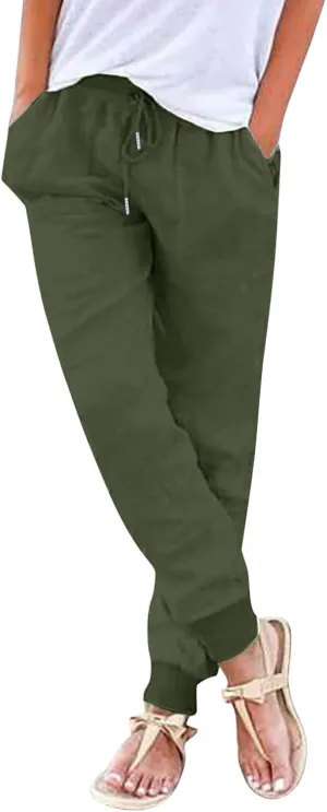 Cotton Linen Pants for Women Drawstring Elastic Waist Tapered Trousers Summer Casual Beach Pant with Pockets