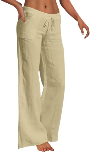 Cotton Linen Pants for Women Elastic Waisted Drawstring Straight Wide Leg Trousers Summer Lightweight Long Pant