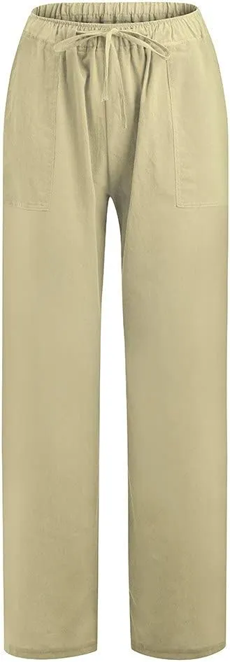 Cotton Linen Pants for Women Elastic Waisted Drawstring Straight Wide Leg Trousers Summer Lightweight Long Pant