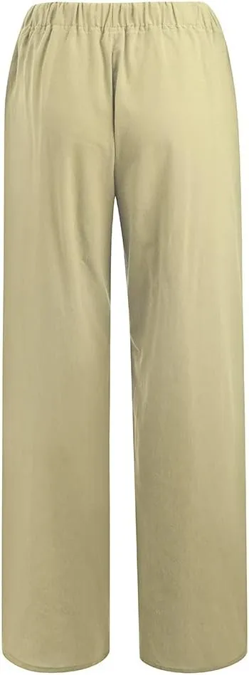 Cotton Linen Pants for Women Elastic Waisted Drawstring Straight Wide Leg Trousers Summer Lightweight Long Pant