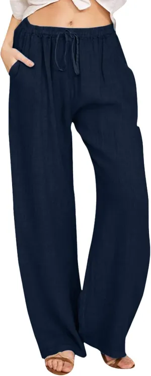 Cotton Linen Pants for Women High Waist Drawstring Loose Fit Wide Leg Trousers Summer Beach Pants with Pockets