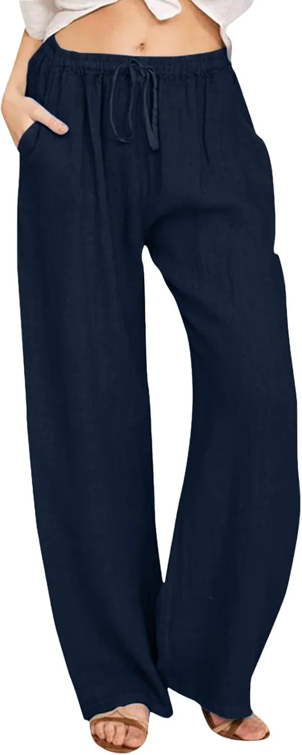Cotton Linen Pants for Women High Waist Drawstring Loose Fit Wide Leg Trousers Summer Beach Pants with Pockets