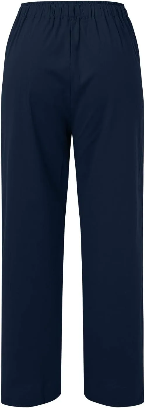 Cotton Linen Pants for Women High Waist Drawstring Loose Fit Wide Leg Trousers Summer Beach Pants with Pockets