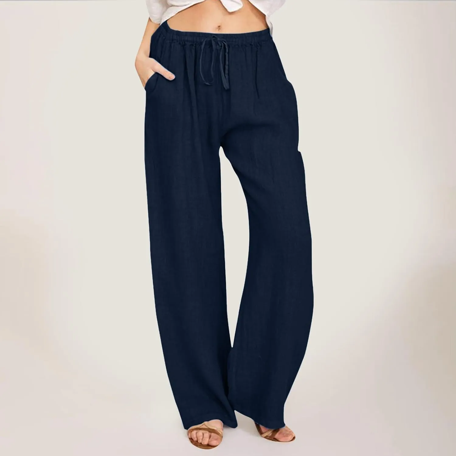 Cotton Linen Pants for Women High Waist Drawstring Loose Fit Wide Leg Trousers Summer Beach Pants with Pockets