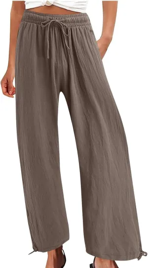 Cotton Linen Pants for Women Summer High Waist Wide Leg Pants Casual Elastic Waist Palazzo Pant Trendy Beach Trousers