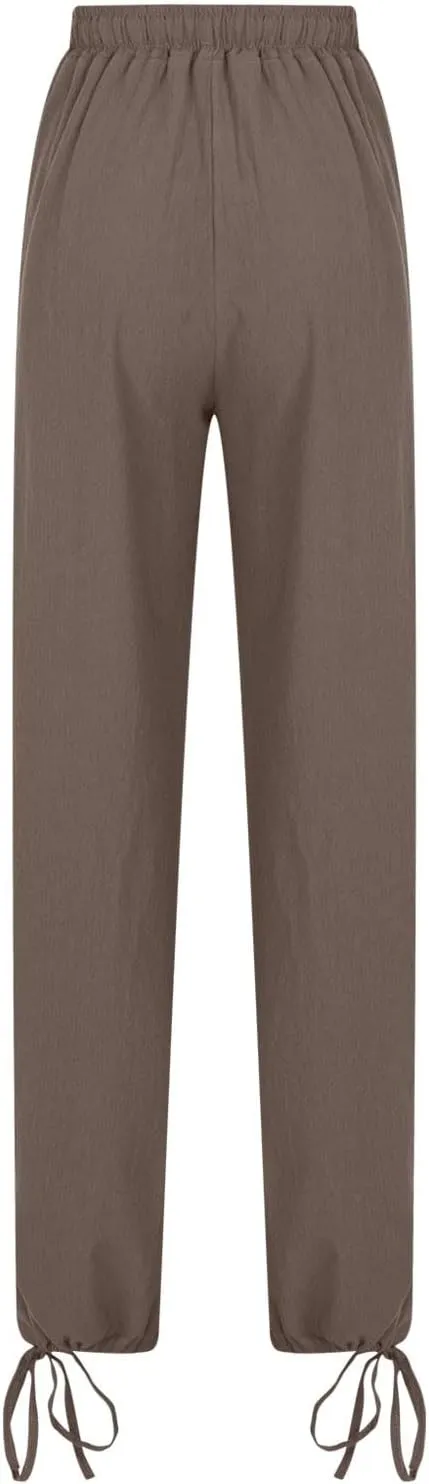 Cotton Linen Pants for Women Summer High Waist Wide Leg Pants Casual Elastic Waist Palazzo Pant Trendy Beach Trousers