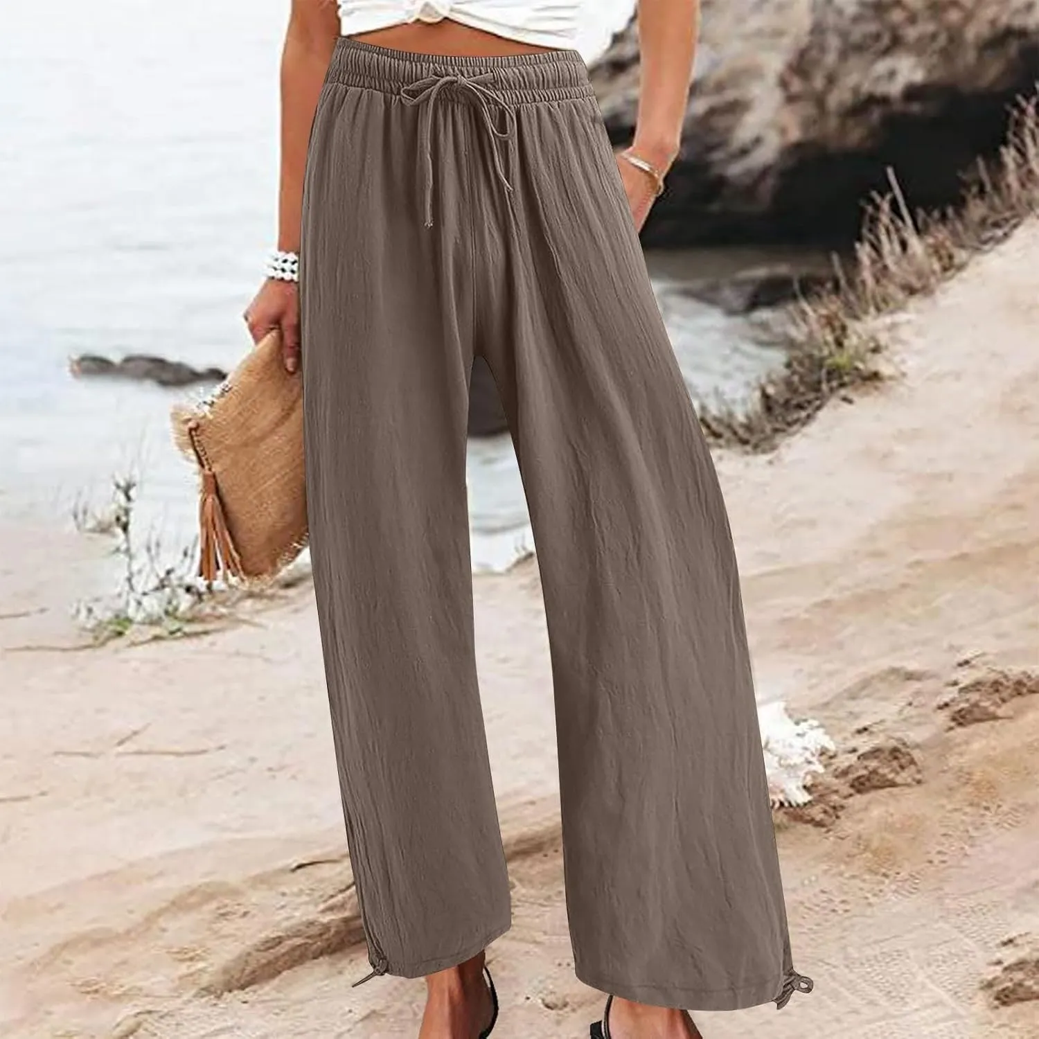 Cotton Linen Pants for Women Summer High Waist Wide Leg Pants Casual Elastic Waist Palazzo Pant Trendy Beach Trousers